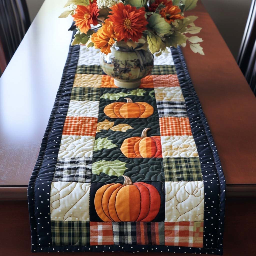Pumpkins on Plaid Patchwork Table Runner