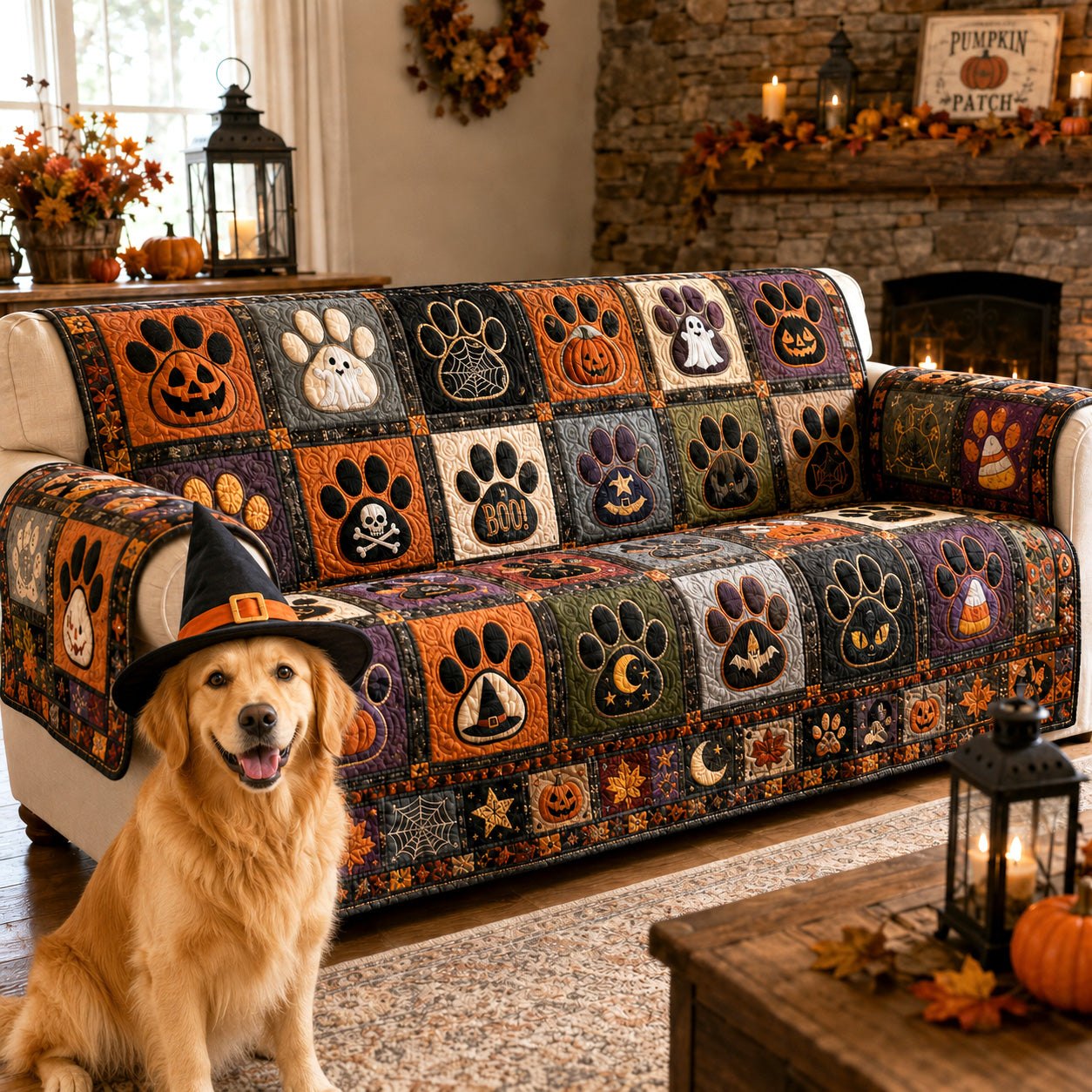 Paw Prints in Halloween Blocks Sofa Cover