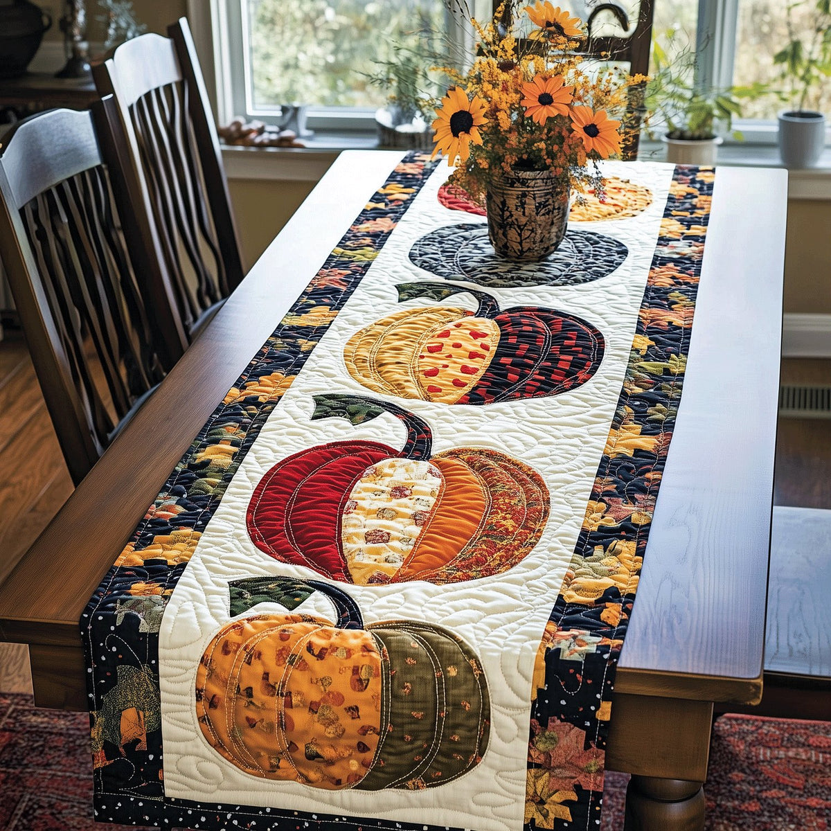 Pumpkins on Cream with Navy Border Table Runner