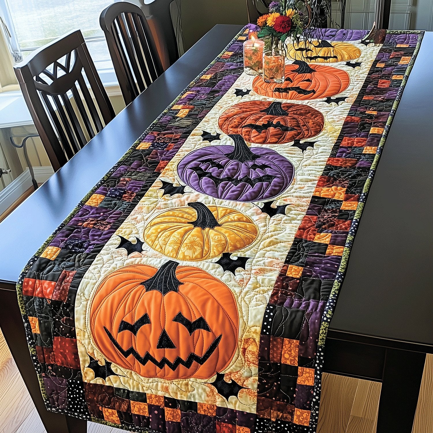 Pumpkin Row Jack o Lantern with Bats on Purple Table Runner