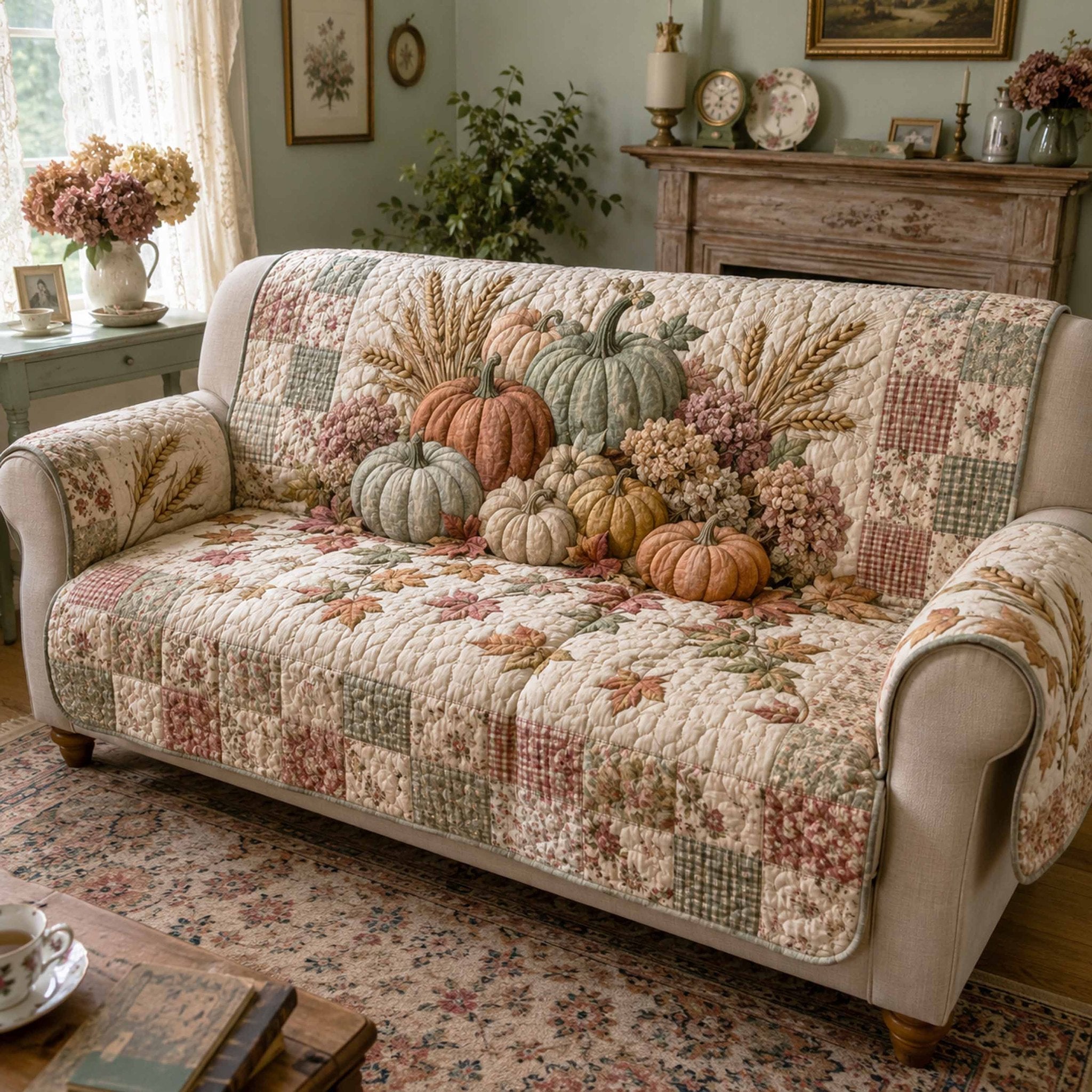 Pale Pumpkins and Wheat Patchwork Sofa Cover
