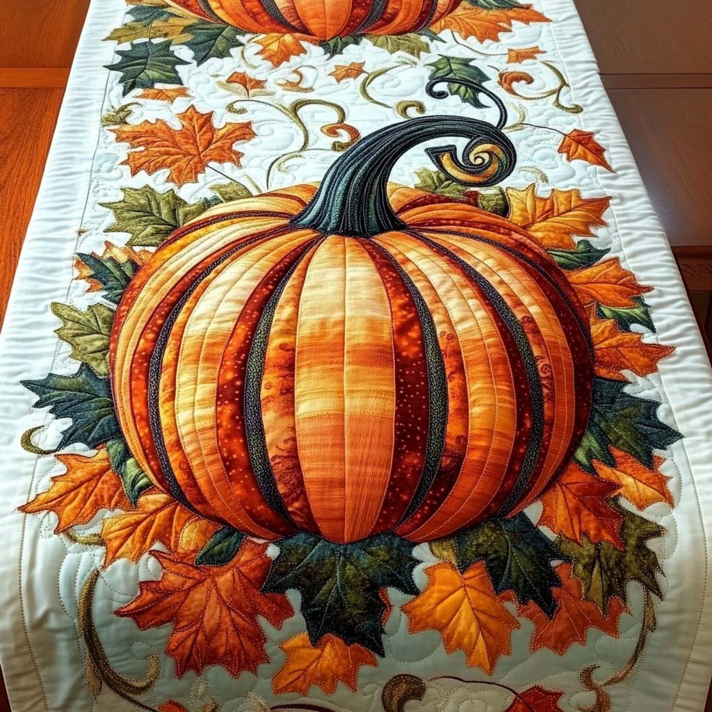 Big Orange Pumpkin with Fall Leaves Table Runner