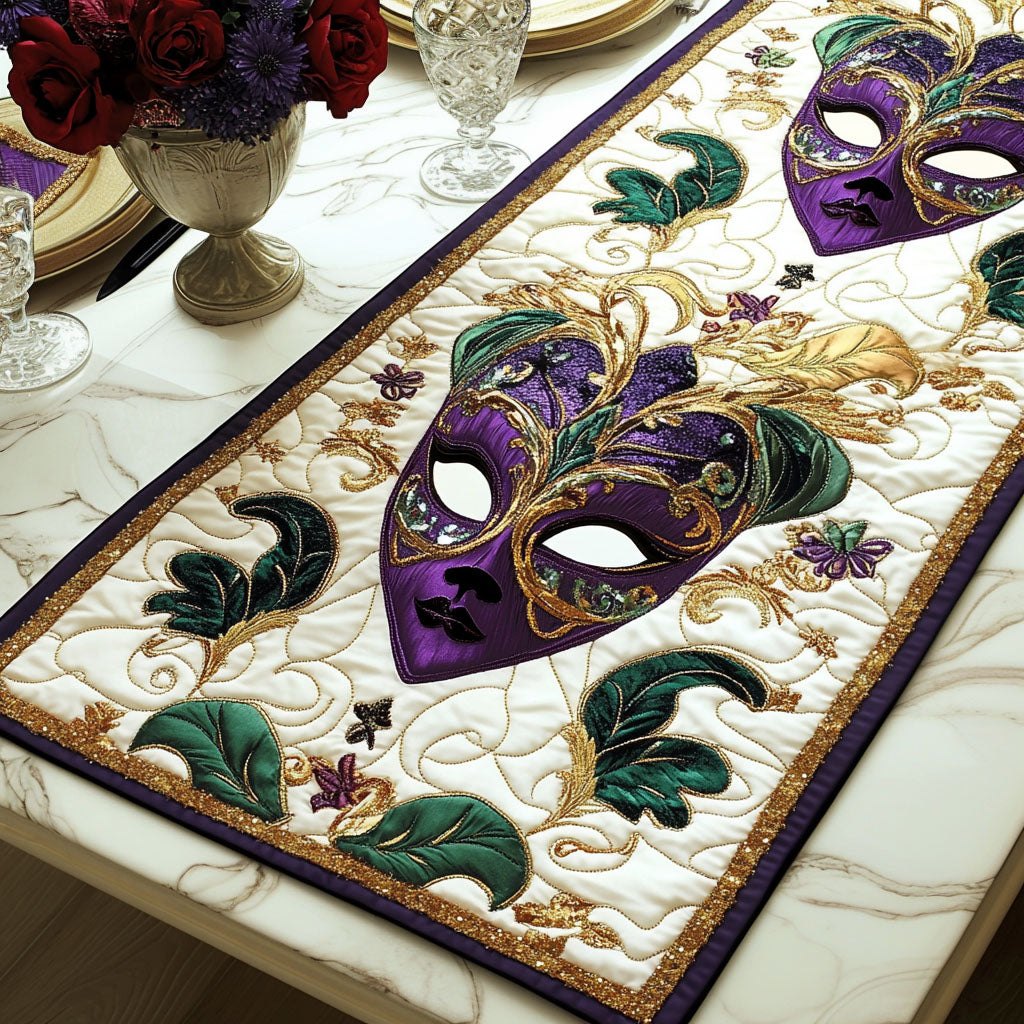 Carnival Mask in Green and Purple Table Runner