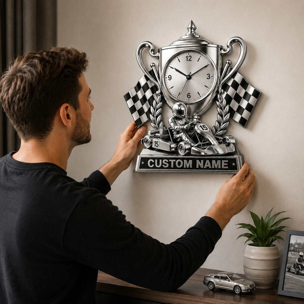 Young go-kart drivers Custom Name Wall Clock — personalized with a custom name