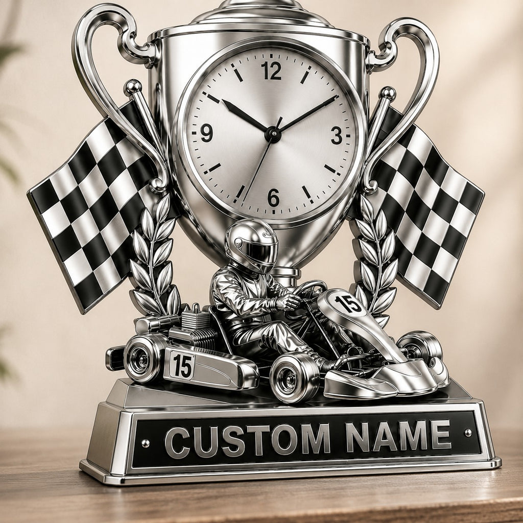 Young go-kart drivers Custom Name Wall Clock — personalized with a custom name