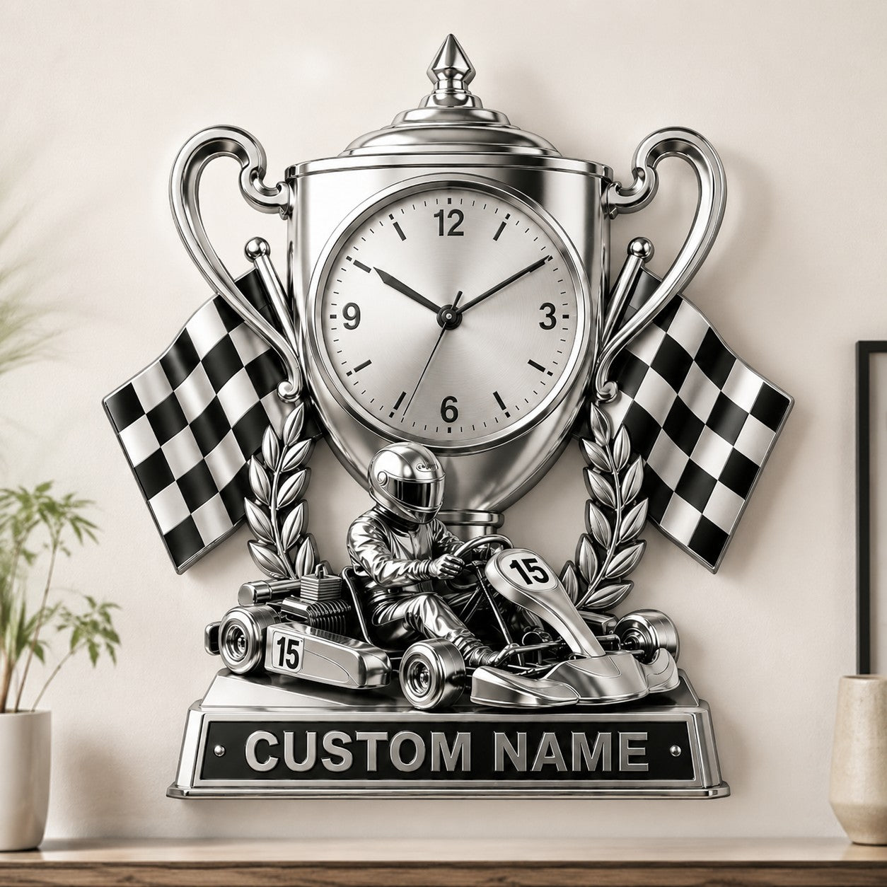 Young go-kart drivers Custom Name Wall Clock — personalized with a custom name