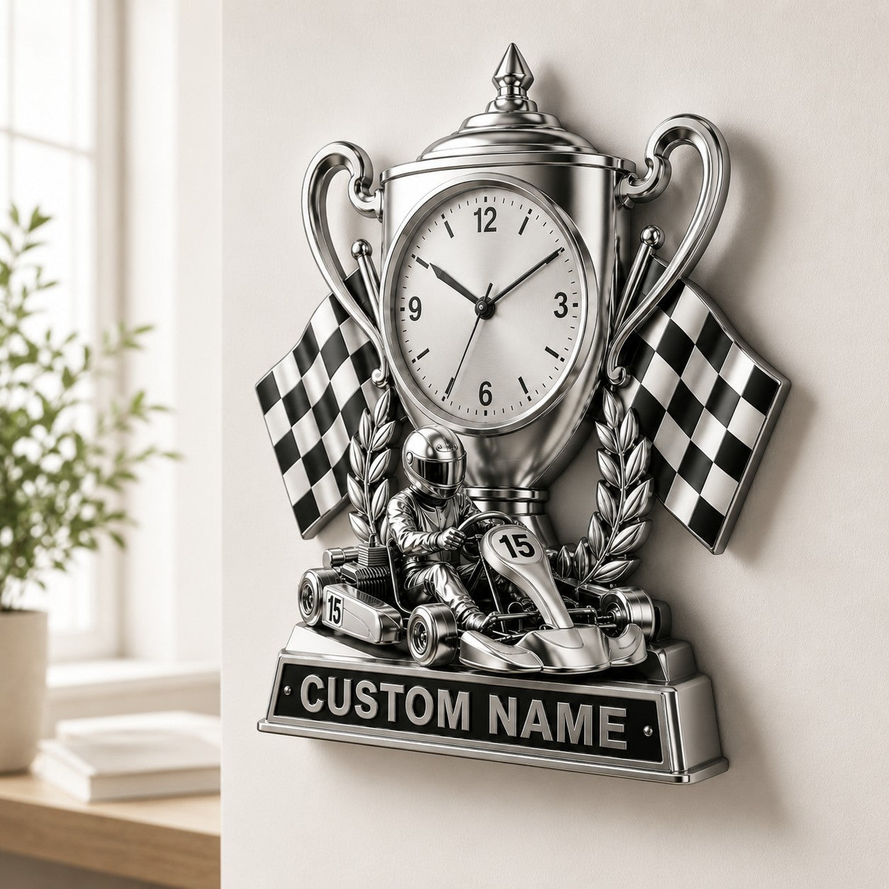 Young go-kart drivers Custom Name Wall Clock — personalized with a custom name