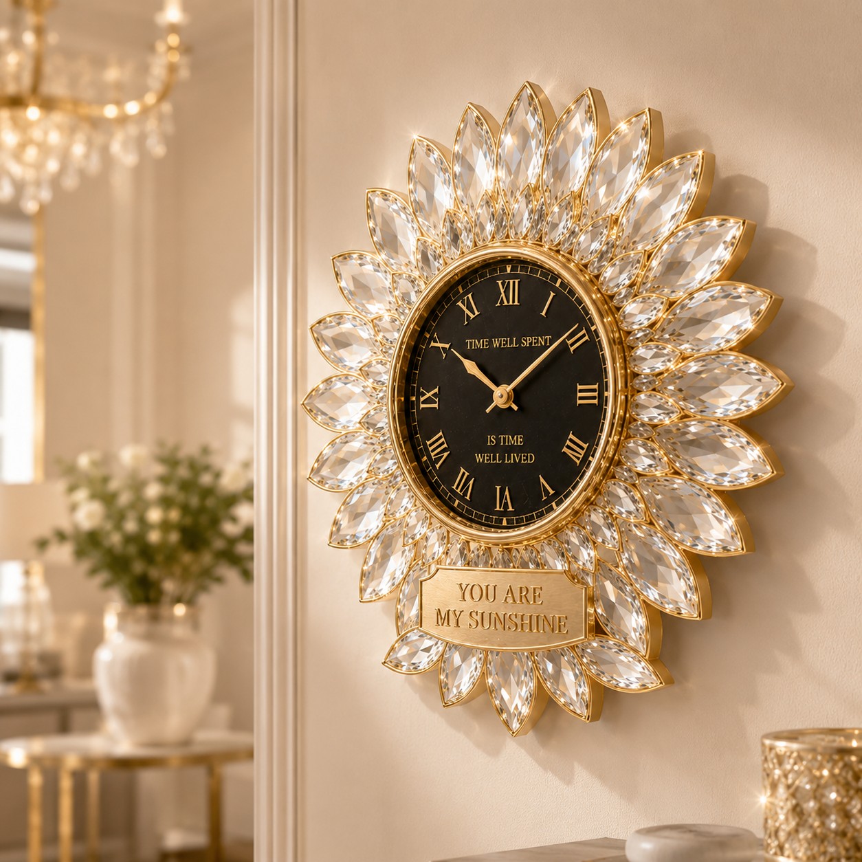 Crystal sunflower Custom Name Wall Clock — personalized with a custom name