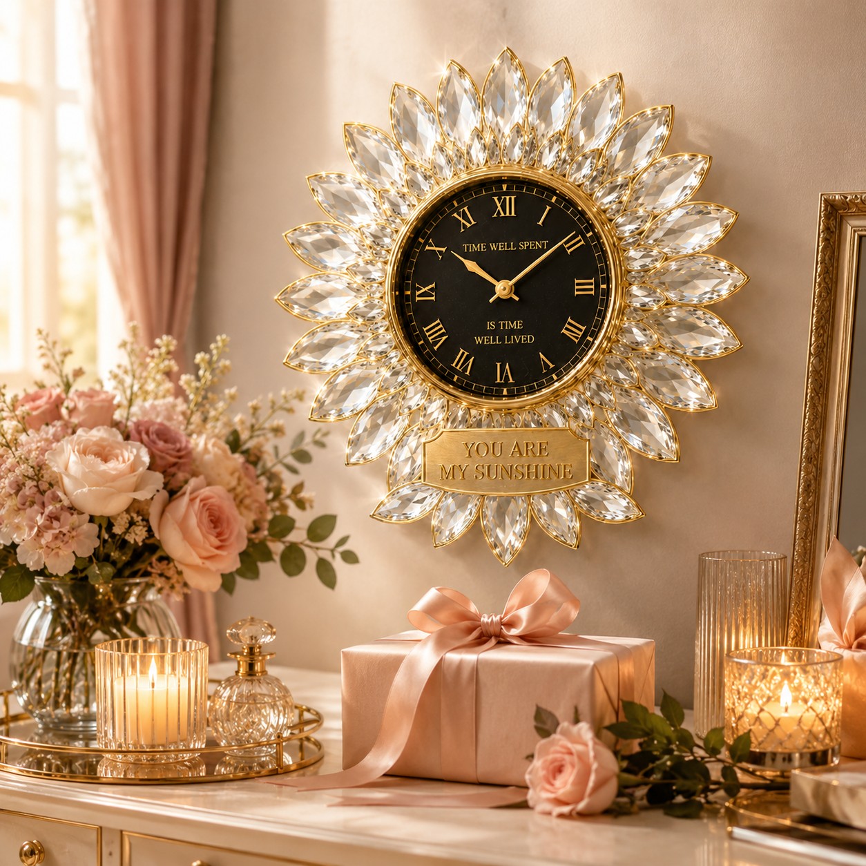 Crystal sunflower Custom Name Wall Clock — personalized with a custom name