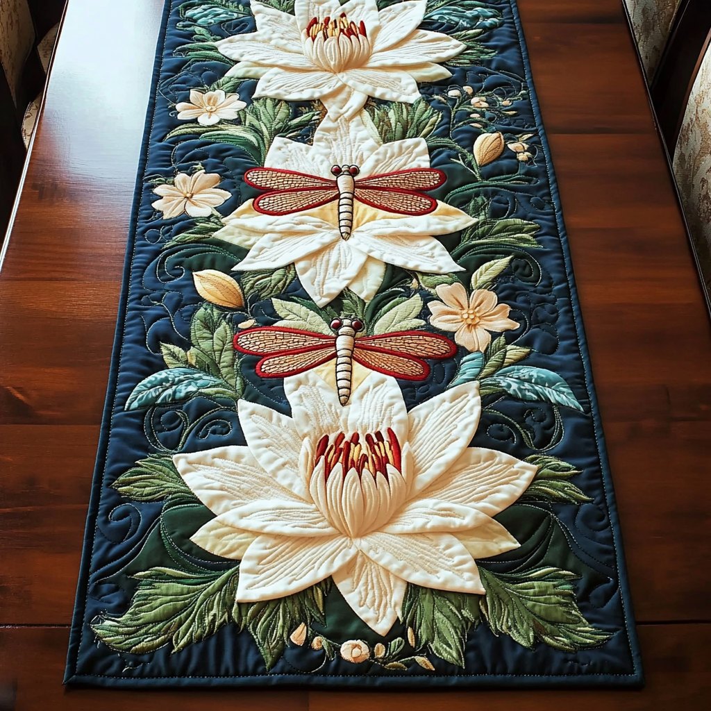 White Lotus with Dragonflies Table Runner