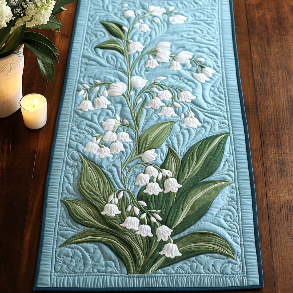 Lily of the Valley on Pale Blue Table Runner