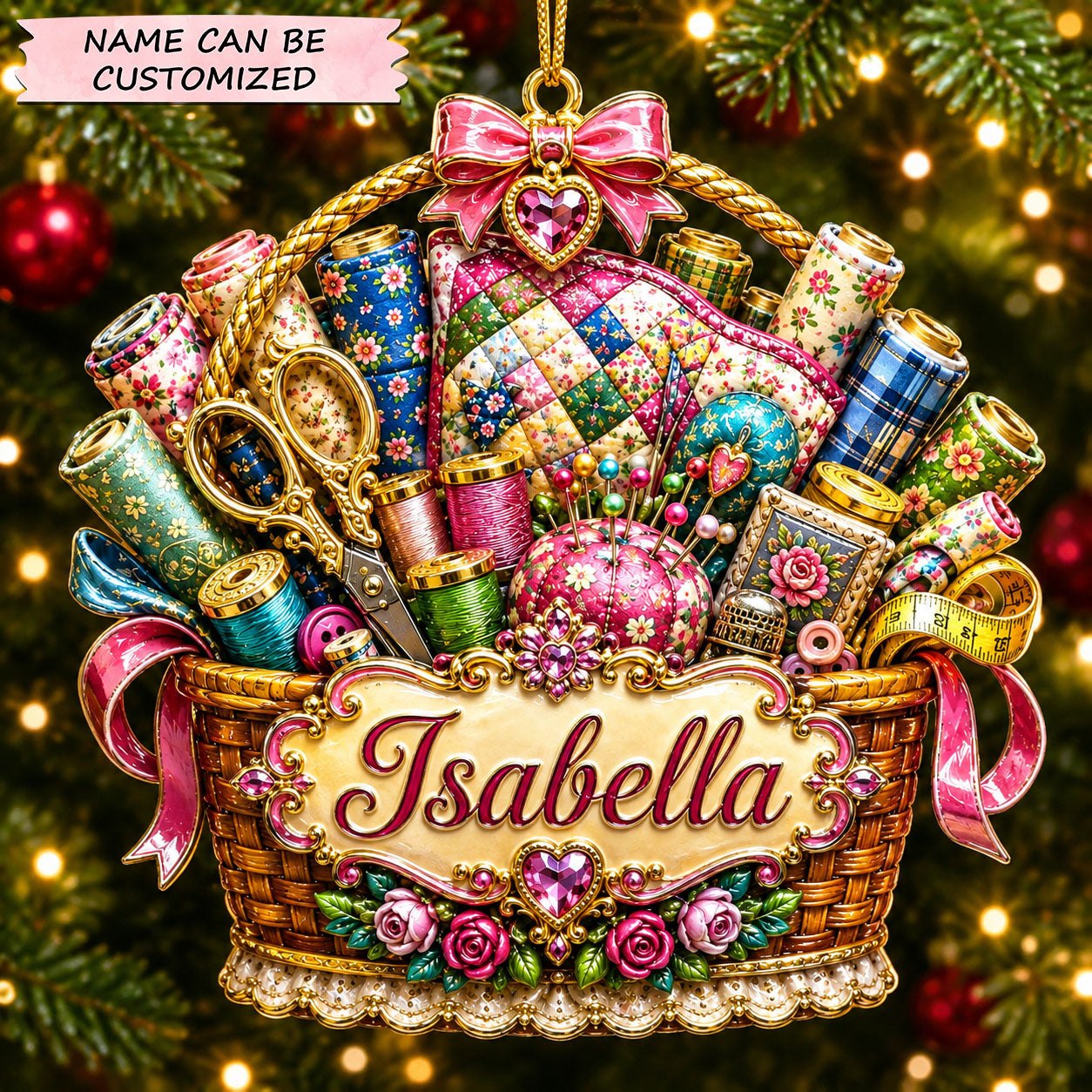 Quilting Basket Joy Christmas Ornament