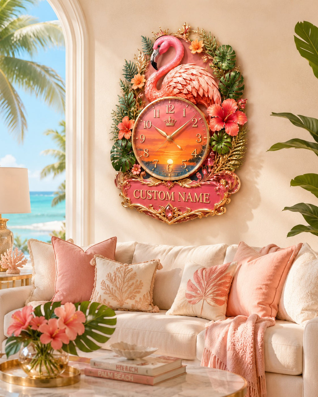Tropical flamingo Custom Name Wall Clock — personalized with a custom name