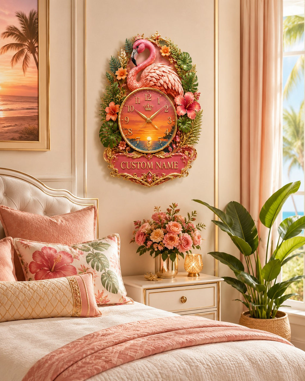 Tropical flamingo Custom Name Wall Clock — personalized with a custom name