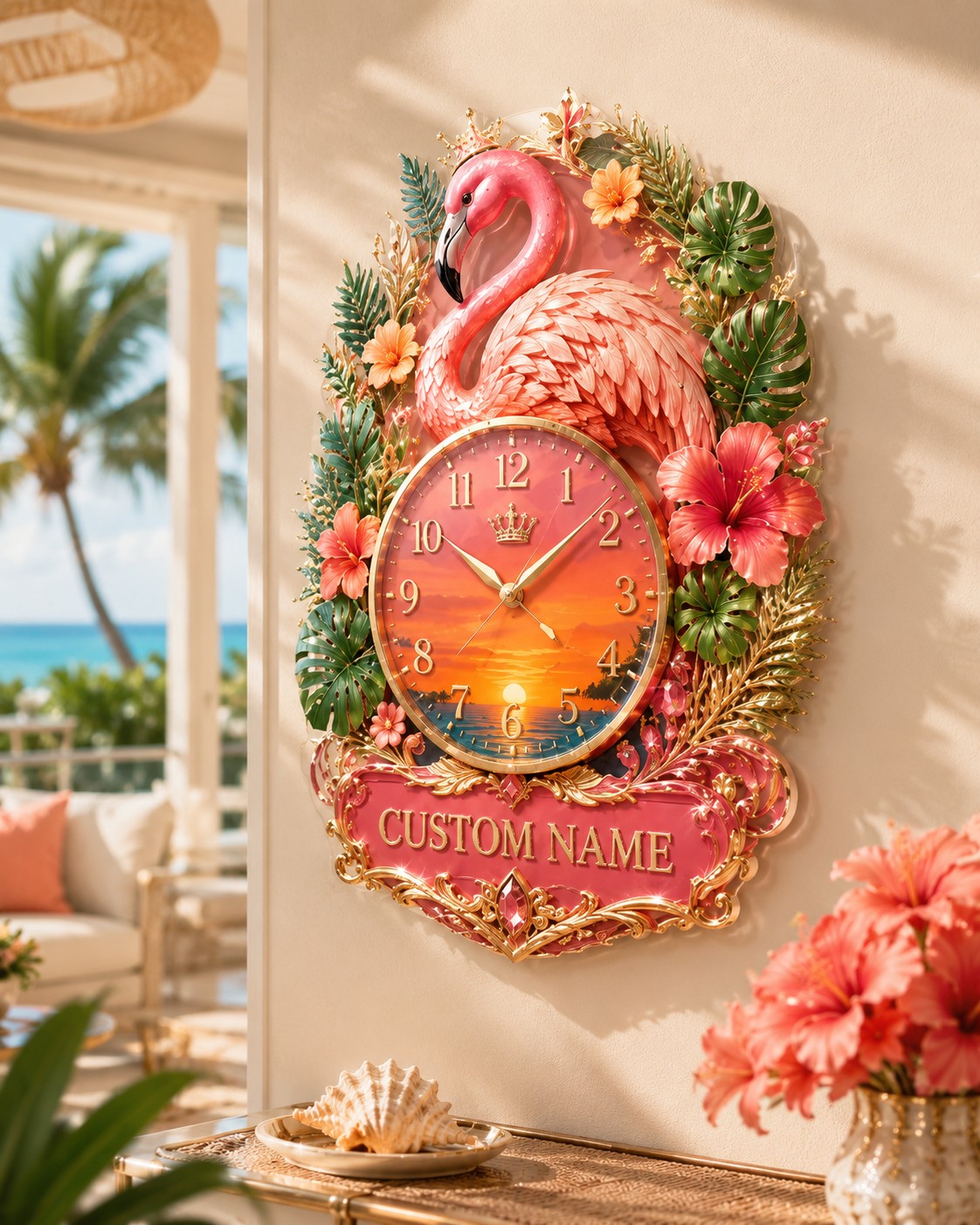 Tropical flamingo Custom Name Wall Clock — personalized with a custom name