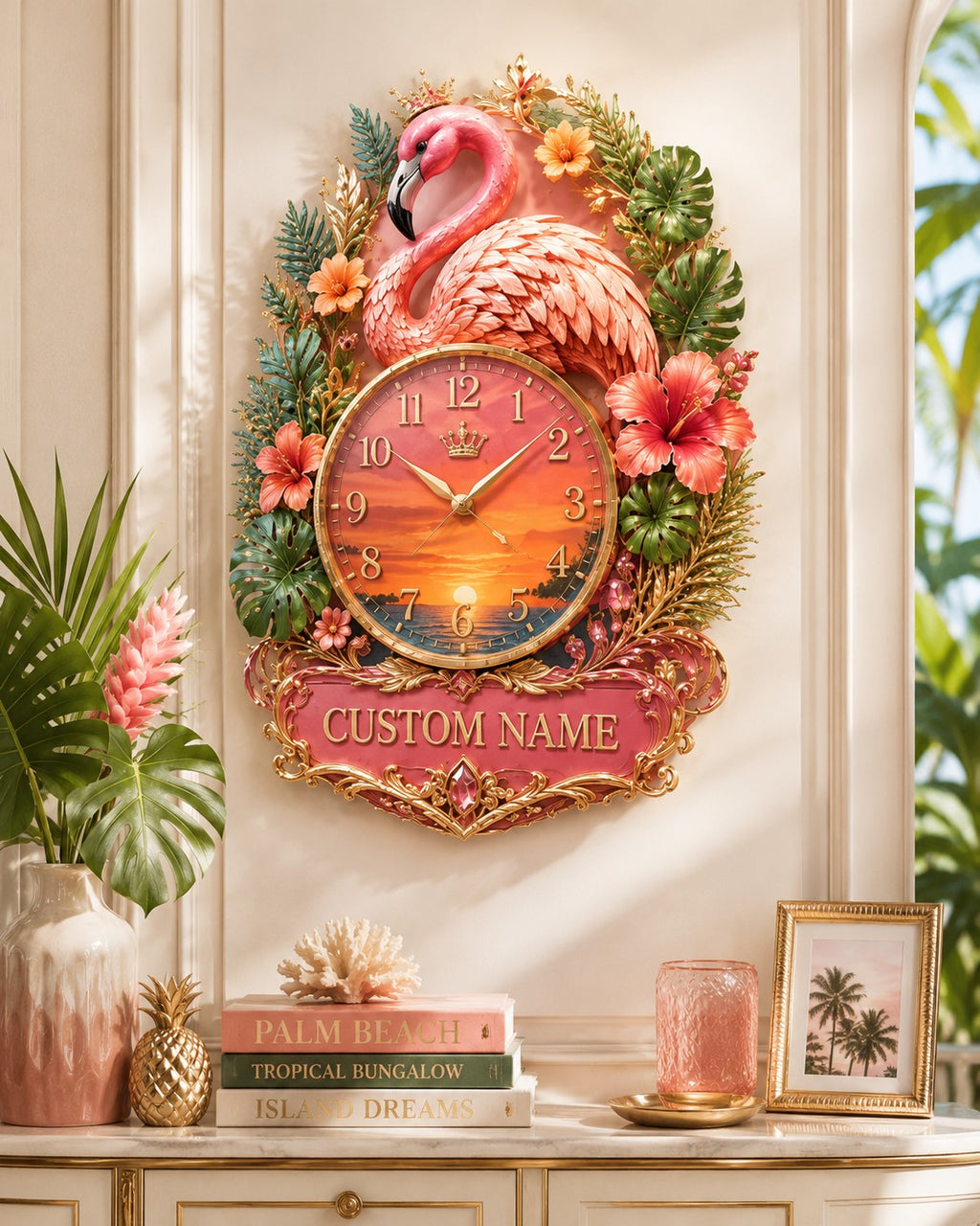 Tropical flamingo Custom Name Wall Clock — personalized with a custom name