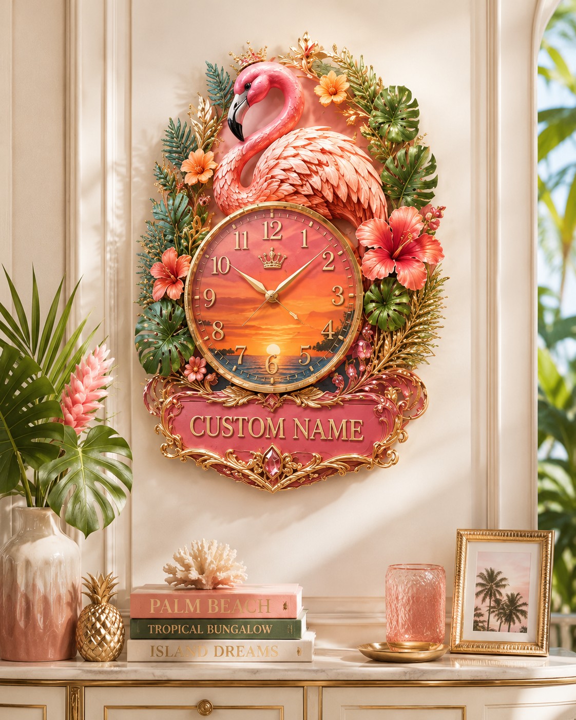 Tropical flamingo Custom Name Wall Clock — personalized with a custom name