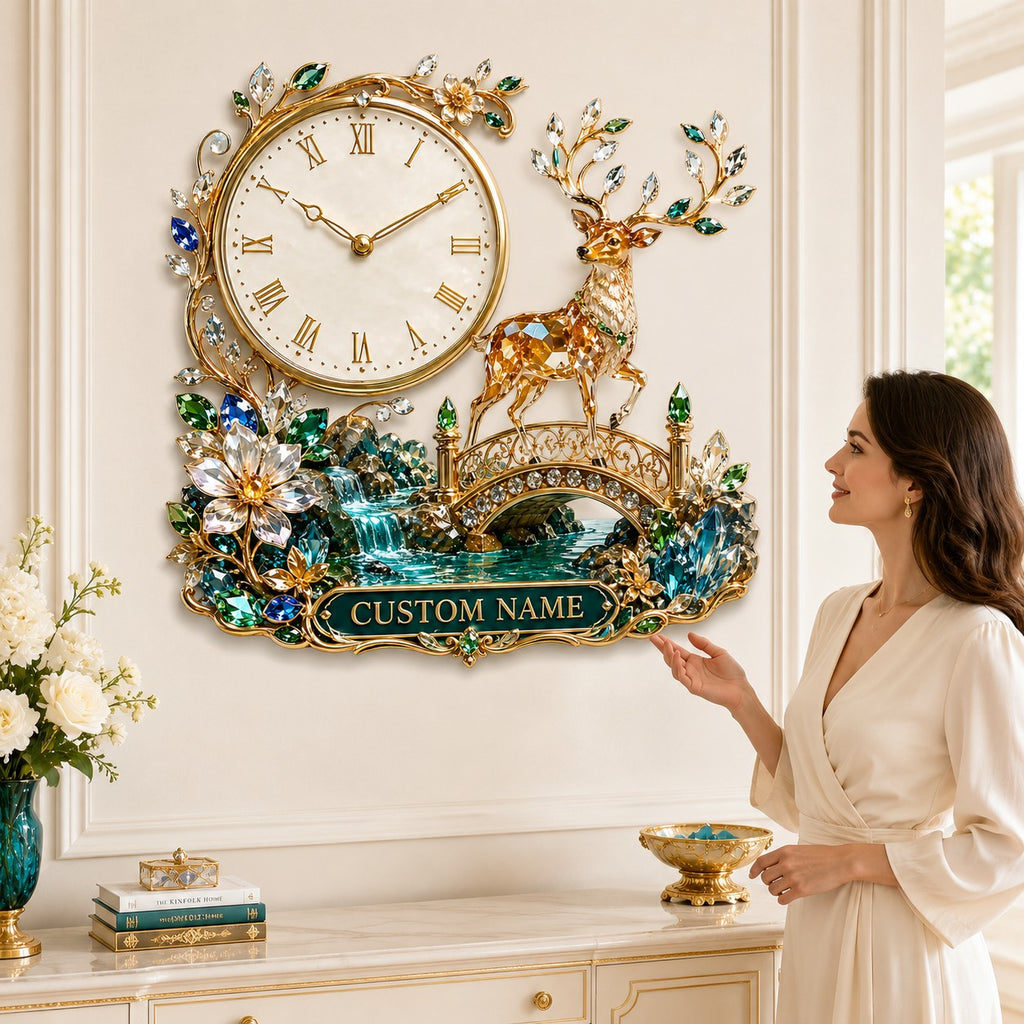 Personalized jeweled deer bridge wall clock — personalized with a custom name