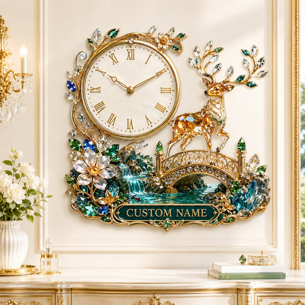 Personalized jeweled deer bridge wall clock — personalized with a custom name