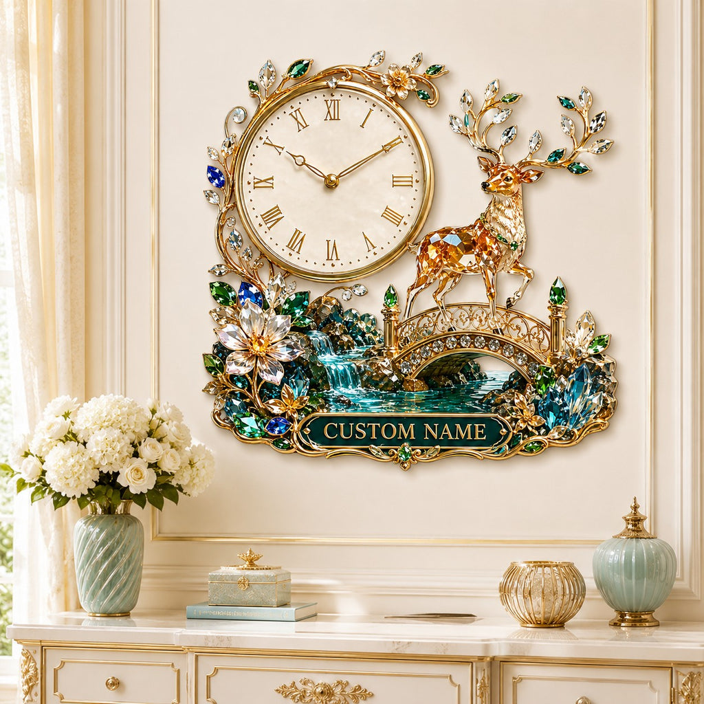 Personalized jeweled deer bridge wall clock — personalized with a custom name