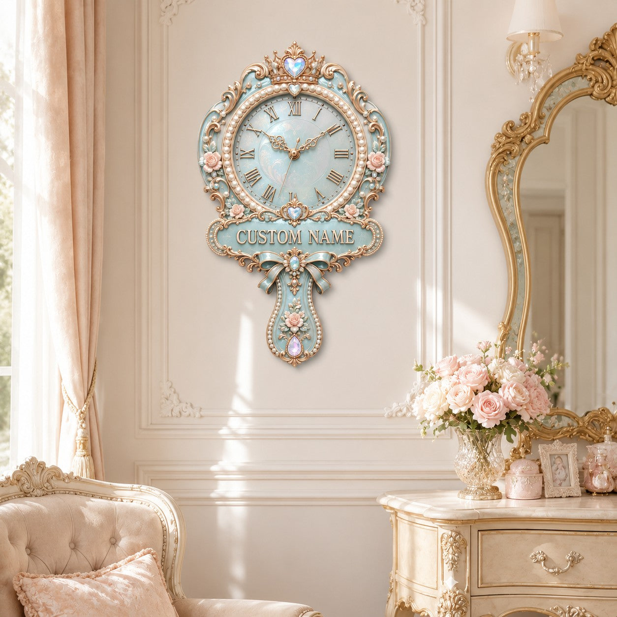 Princess hand mirror Custom Name Wall Clock — personalized with a custom name