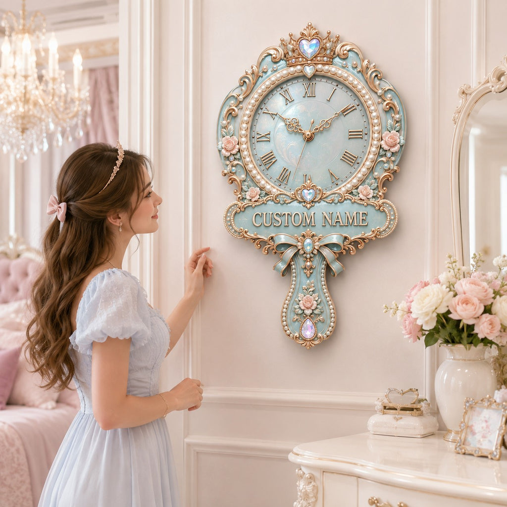 Princess hand mirror Custom Name Wall Clock — personalized with a custom name
