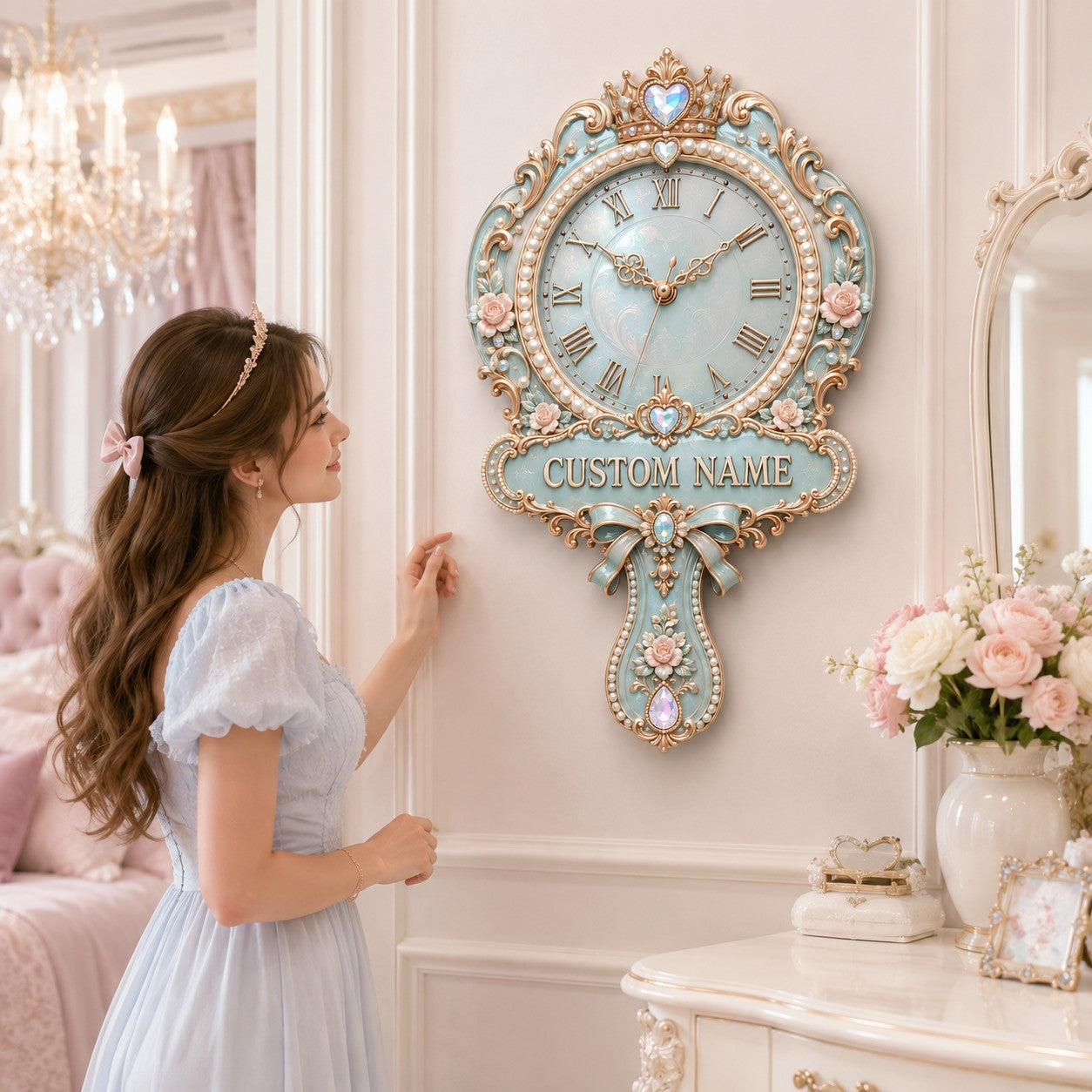 Princess hand mirror Custom Name Wall Clock — personalized with a custom name