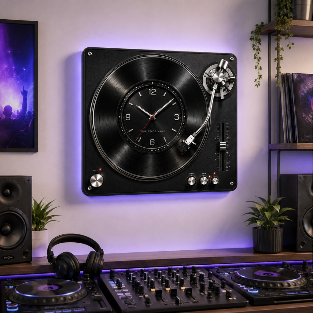 Custom DJ Turntable Custom Name Wall Clock — personalized with a custom name