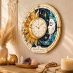 Personalized Sun Moon Sacred Space Wall Clock with a custom name set into the design