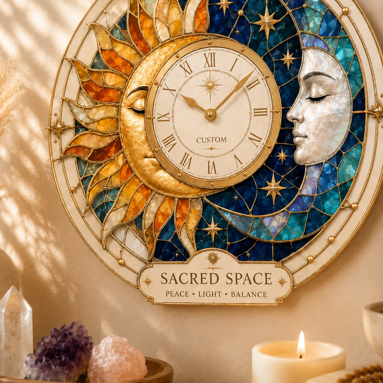 Sun Moon Sacred Space Custom Name Wall Clock — personalized with a custom name