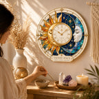 Personalized Sun Moon Sacred Space Wall Clock with a custom name set into the design