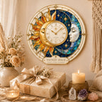 Personalized Sun Moon Sacred Space Wall Clock with a custom name set into the design