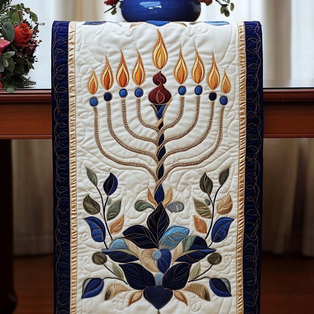 Menorah with Folk Art Leaves Table Runner