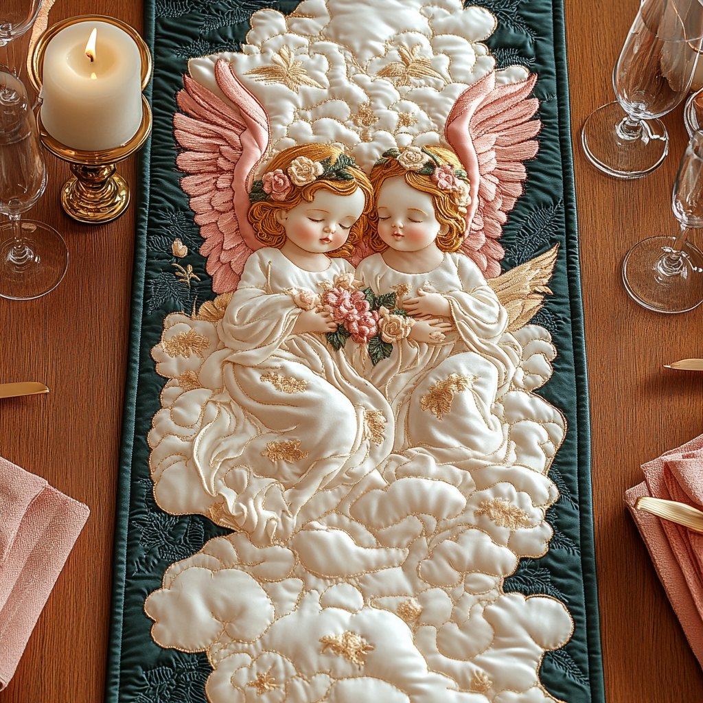 Two Angel Babies in Clouds Table Runner