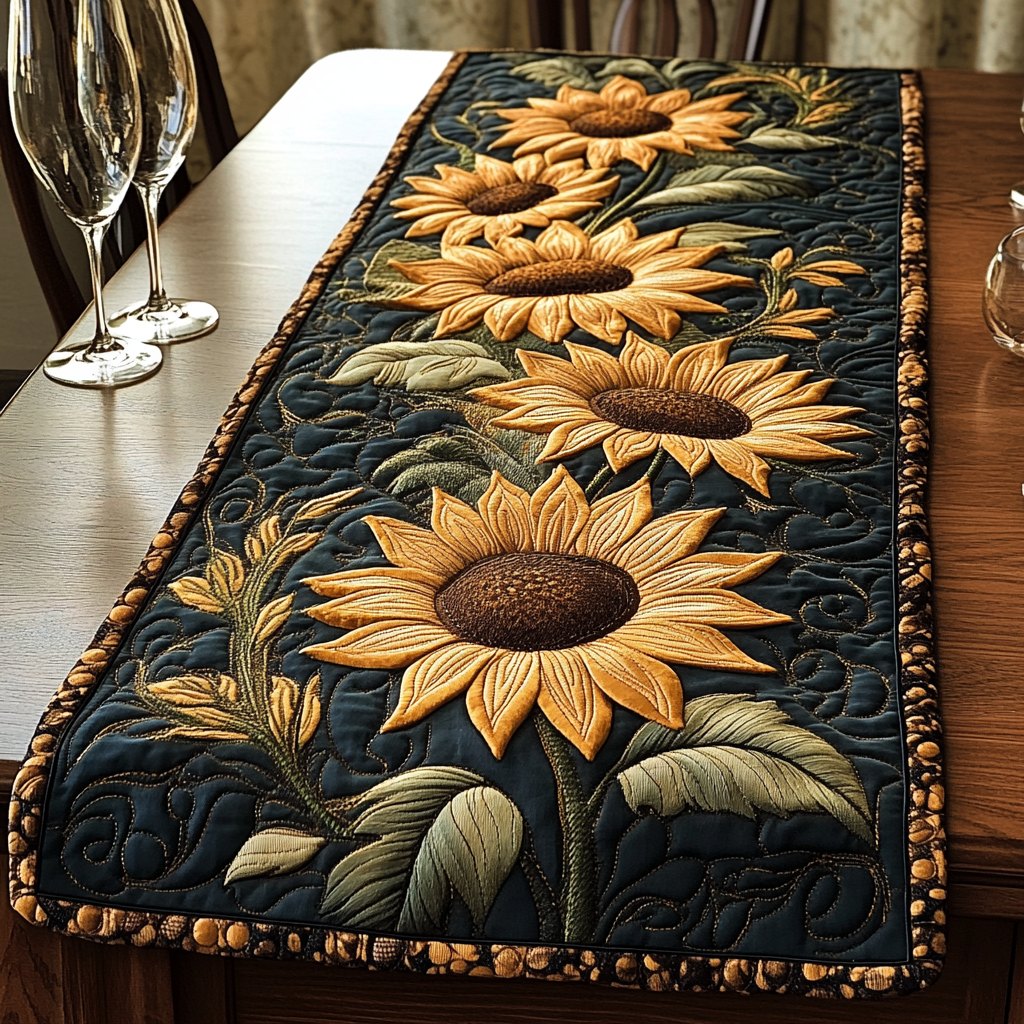Large Sunflower on Dark Green Table Runner