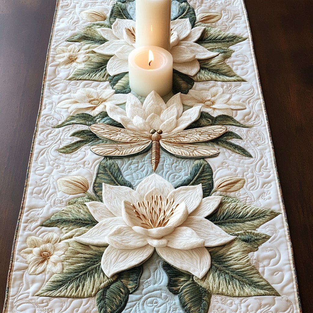 White Magnolia with Dragonfly Table Runner