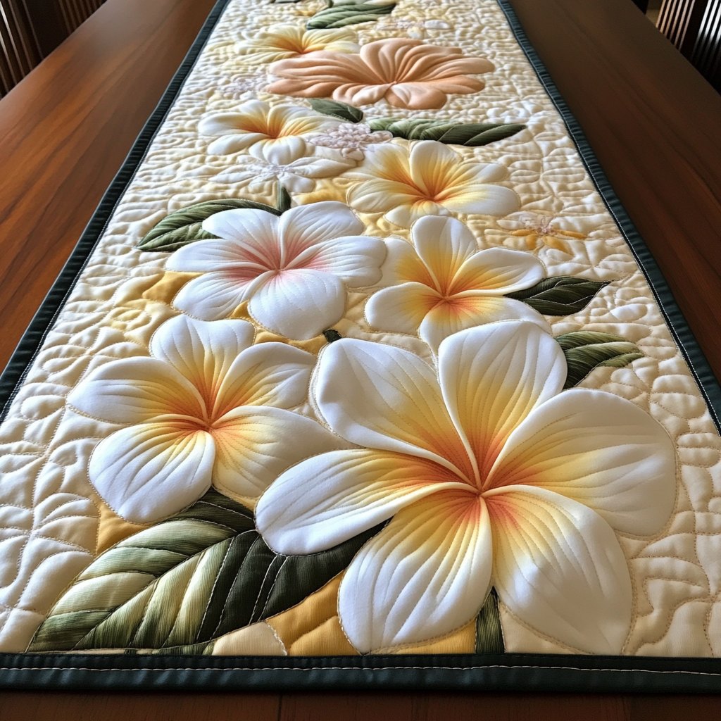 Cream Plumeria Blossoms Table Runner