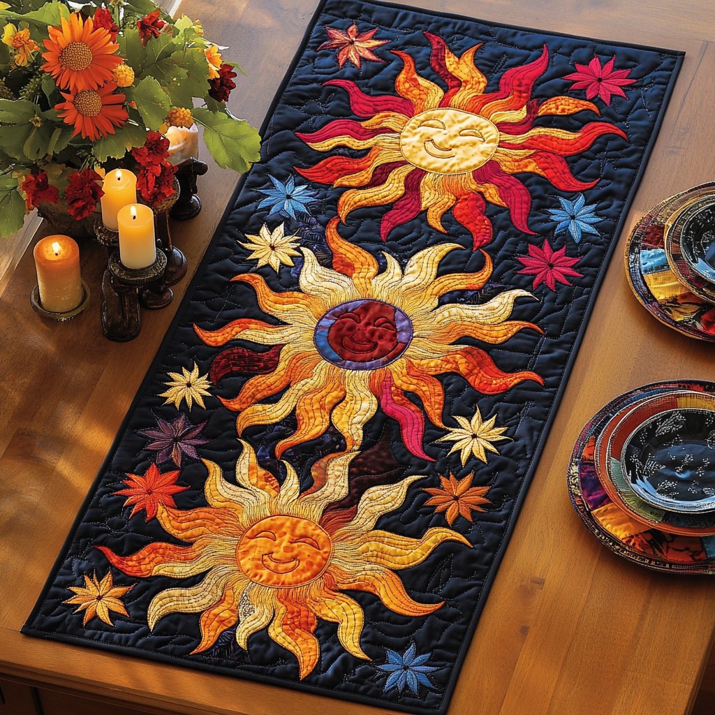 Folk Sun and Stars on Navy Table Runner