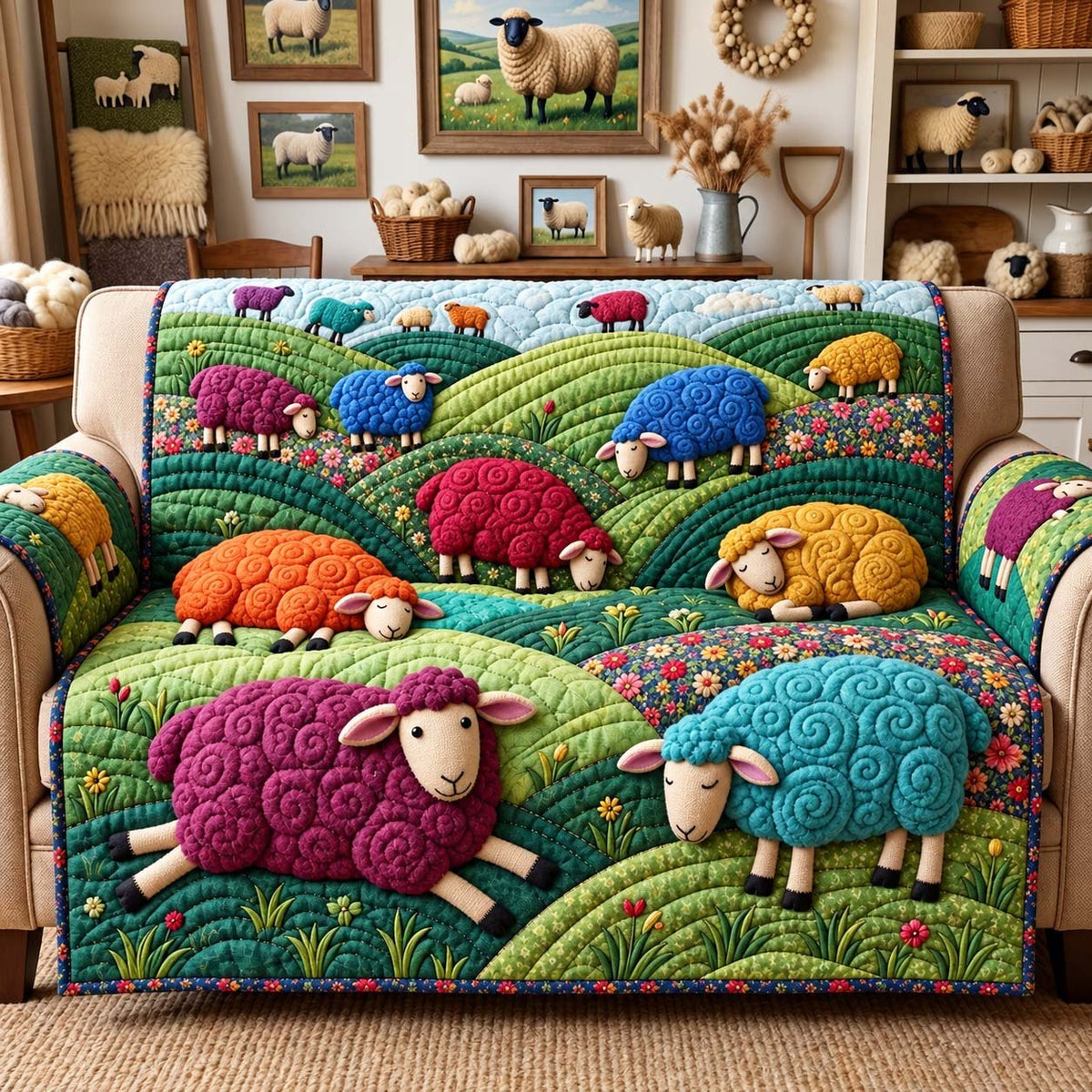 Rainbow Meadow Sheep Sofa Cover