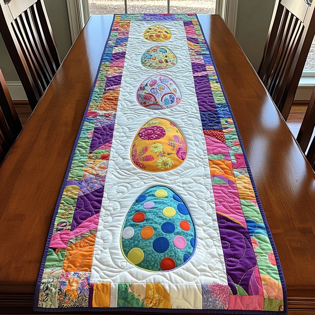 Easter Eggs on Colorful Stripes Table Runner