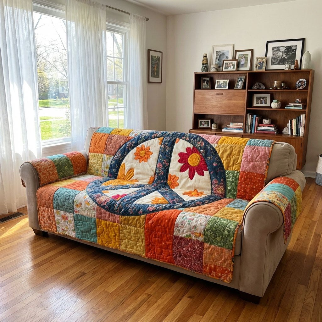 Peace Sign with Flowers on Patchwork Sofa Cover