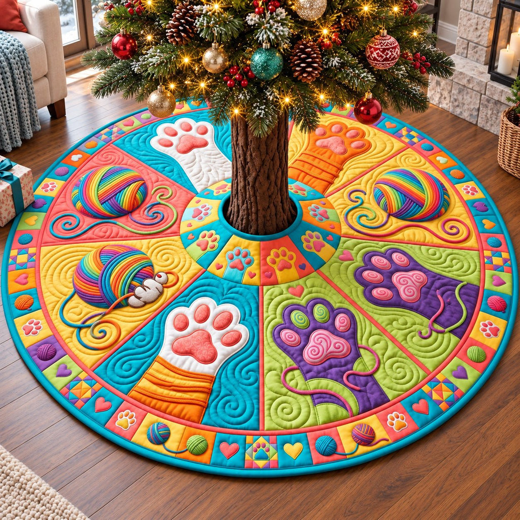 Rainbow Yarn Paws Christmas Tree Skirt