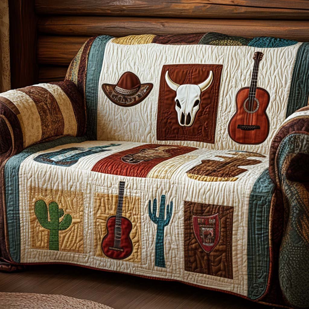 Cowboy Hat Guitar and Cactus Squares Sofa Cover
