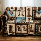 Cowboy Boots on Tan Squares Sofa Cover