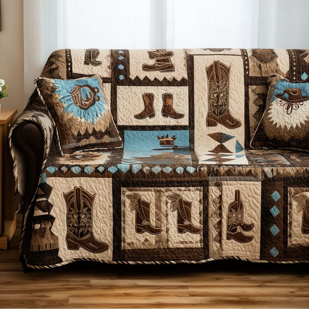 Cowboy Boots on Tan Squares Sofa Cover