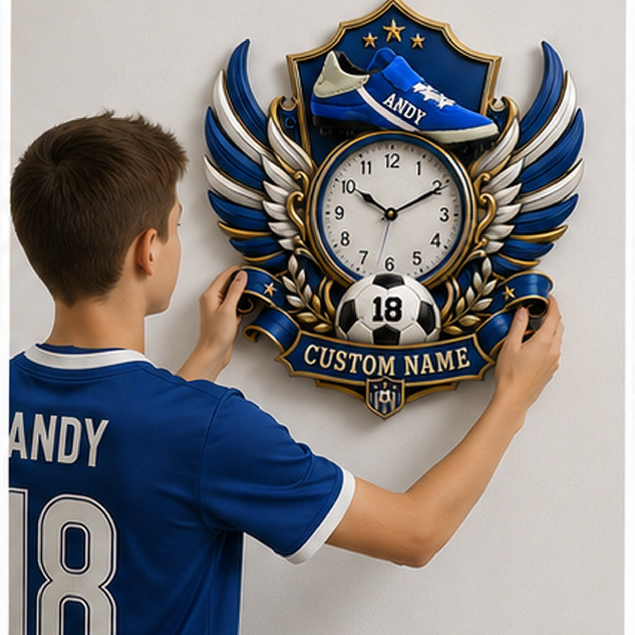 Youth Soccer Bedrooms Custom Name Wall Clock — personalized with a custom name