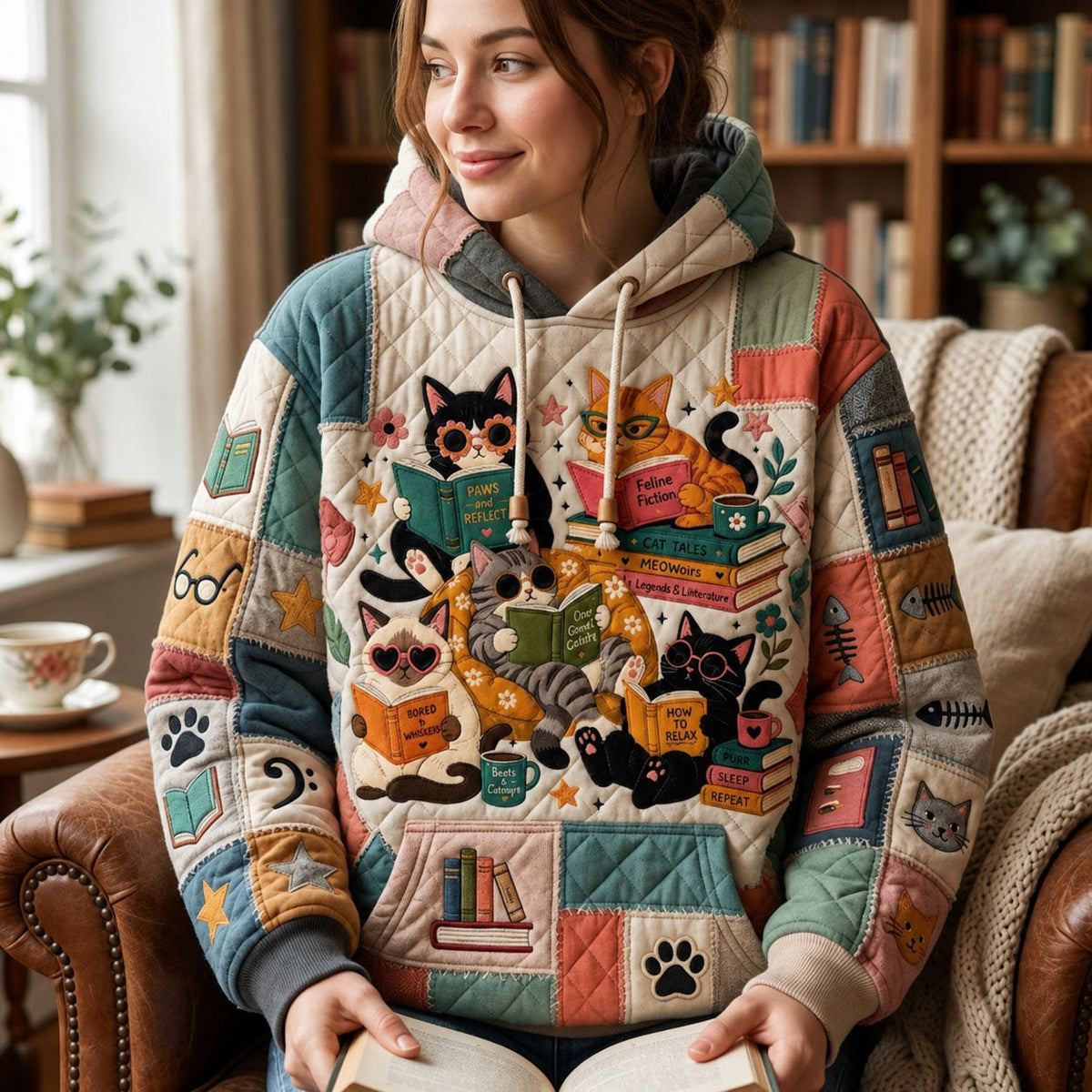 Cat And Book Collage hoodie, all-over print