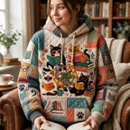 Cat And Book Collage hoodie, all-over print