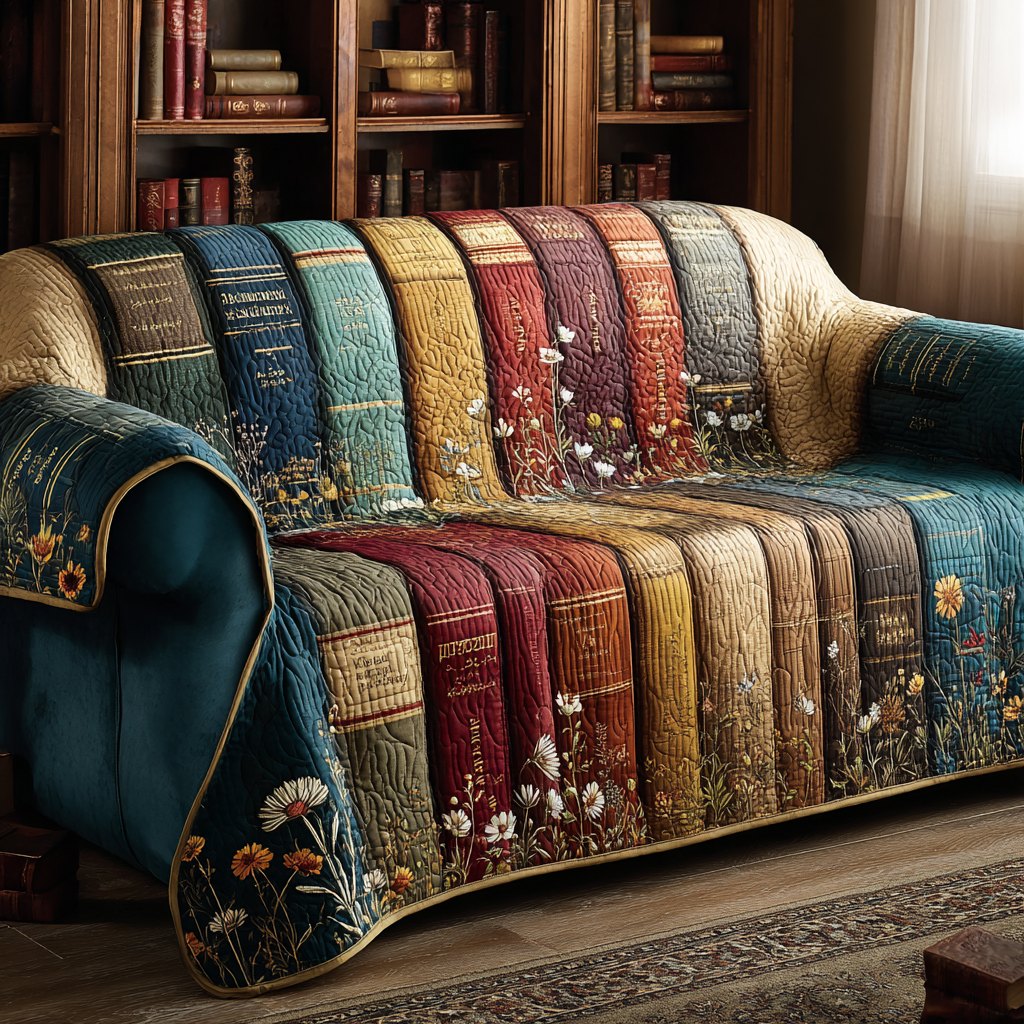 Book Spines with Flowers on Cream Sofa Cover
