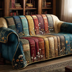 Book Spines with Flowers on Cream Sofa Cover